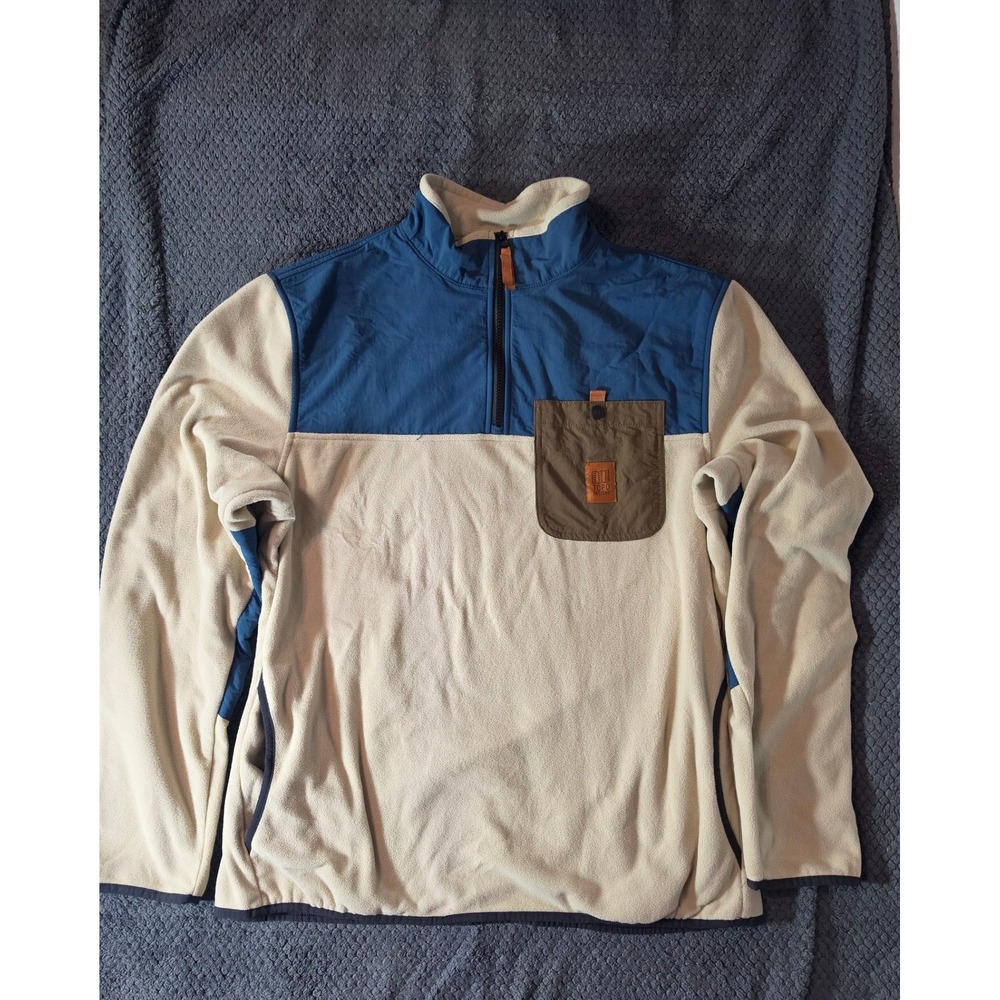 Topo Designs Mens XL Global 1/4 Zip Fleece Pullover Colorblock Blue Cream Olive